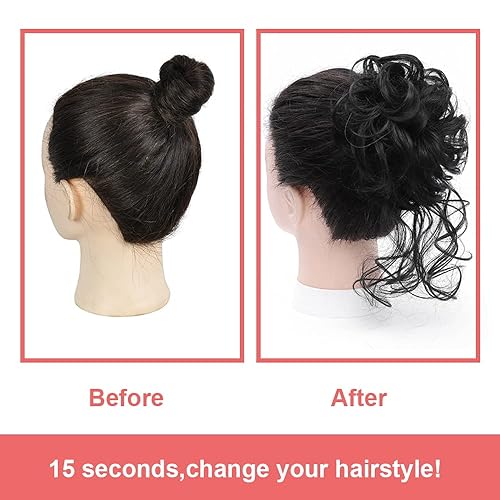 Miniatura 4 de KETHBE Moño desordenado, extensión de moños de pelo despeinado, banda elástica para el cabello, moño rizado para mujeres (negro)