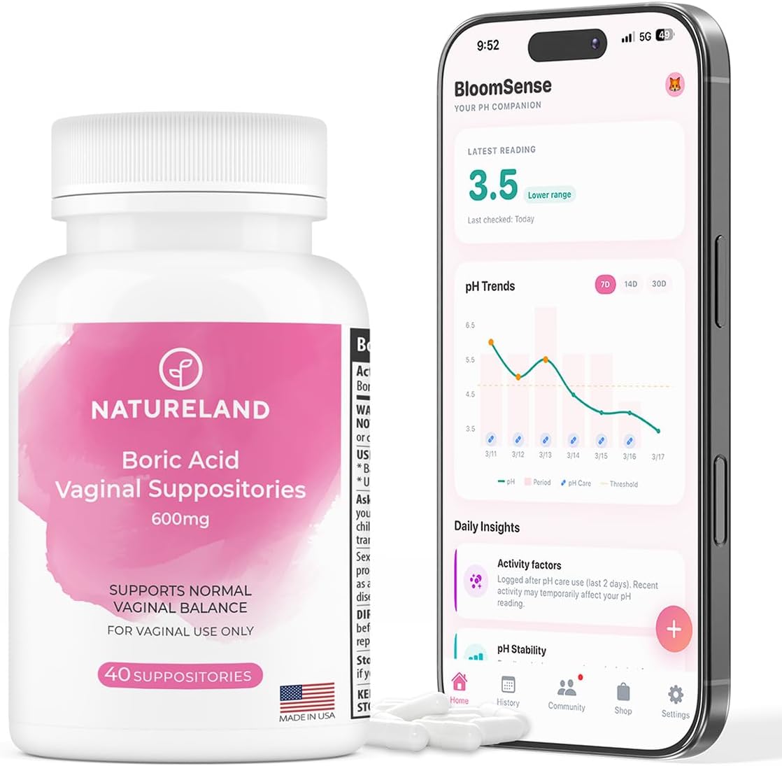 Natureland Boric Acid Vaginal Suppositories for Women 600mg - 40 Count - Made in USA - Feminine Care for pH Balance & Odor Control - Intimate Health Support - with BloomSense App