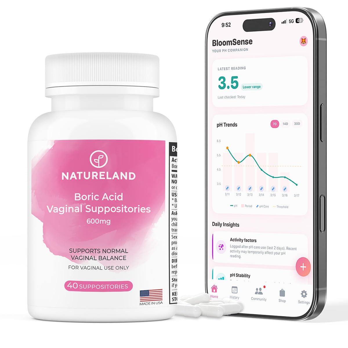 Natureland Boric Acid Vaginal Suppositories for Women 600mg - 60 Count - Made in USA - Feminine Care for pH Balance & Odor Control - Intimate Health Support - with BloomSense App