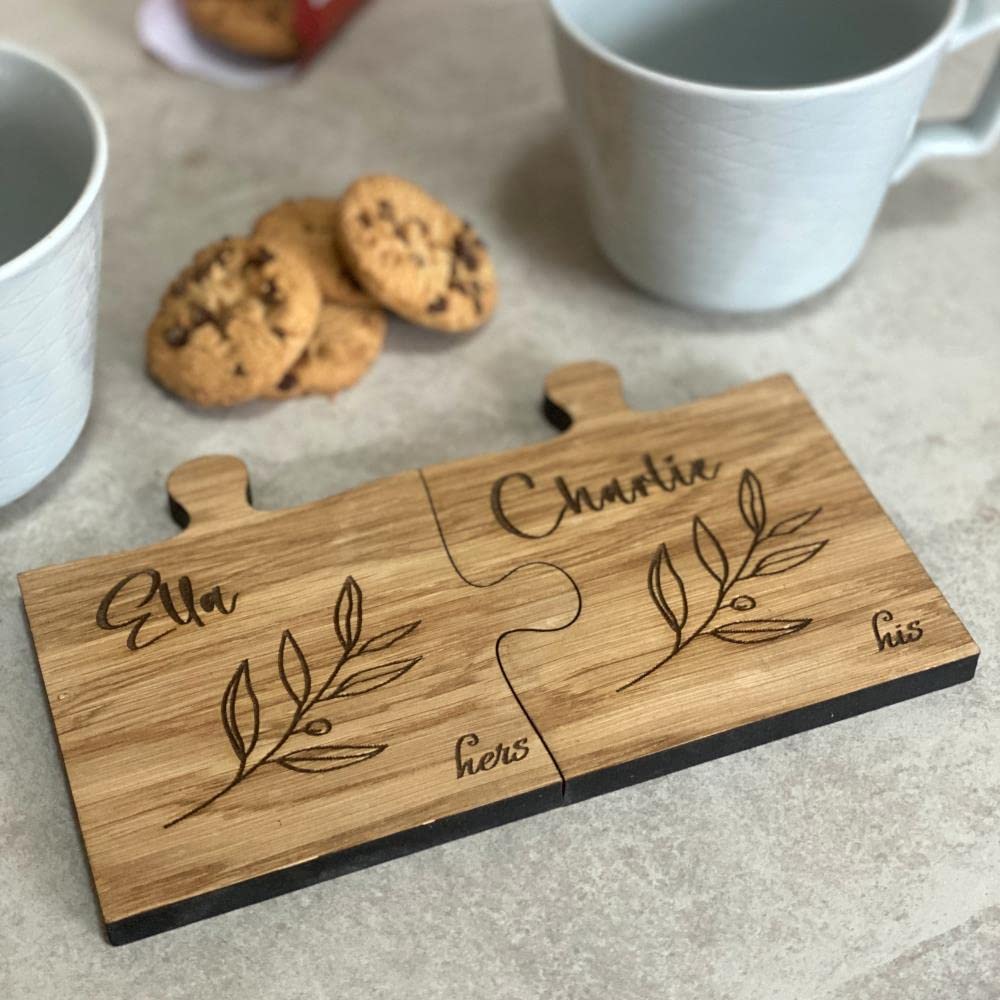 Luck and Luck Personalised Couples Coaster Set, Engraved Jigsaw Wooden Coaster, His Her Gift, Mr Mrs Gift, Anniversary Wedding Valentines Gift, Set of 2
