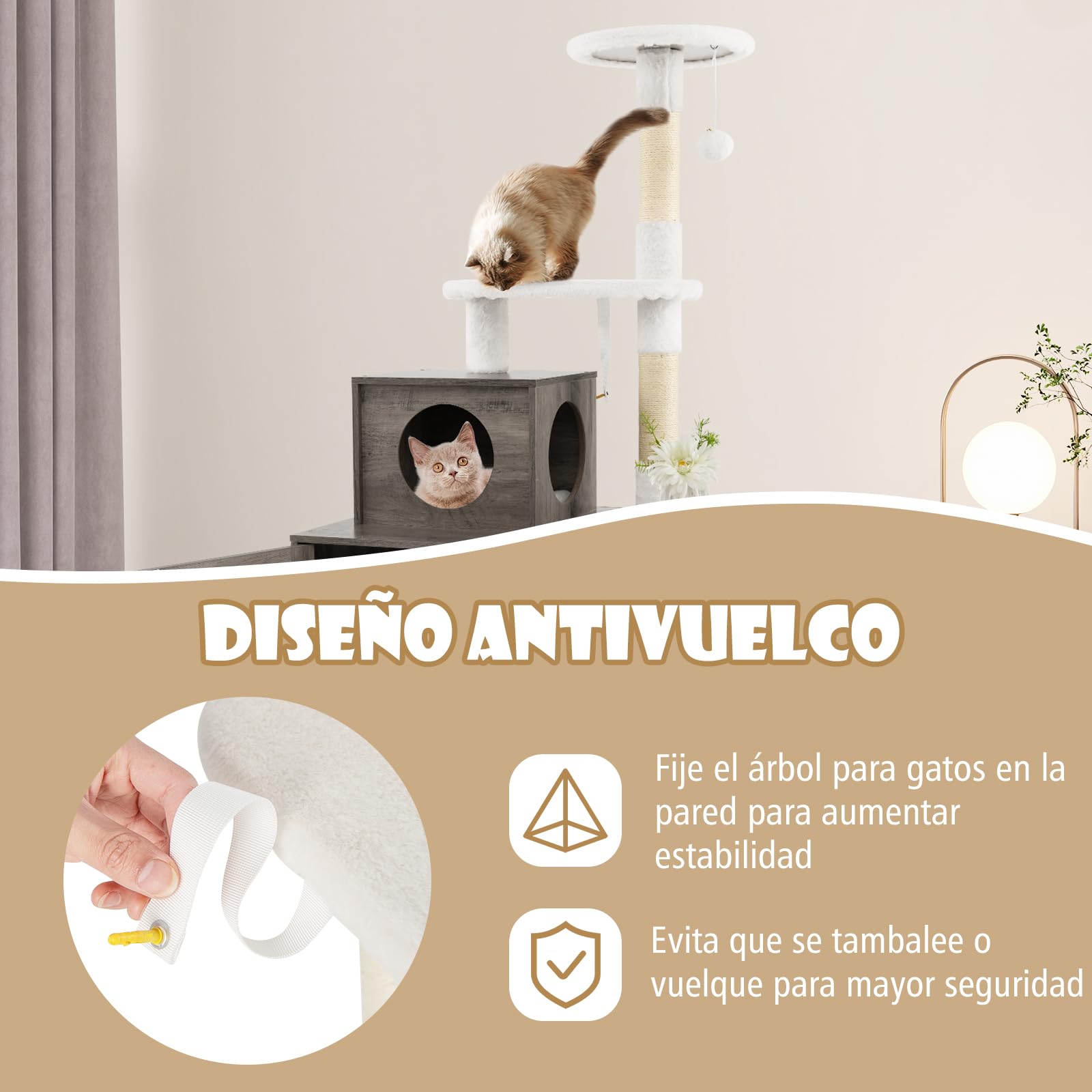 COSTWAY 3 en 1 Rascador para Gatos con Nido y Caja de Arena, Árbol Estable de 3 Niveles con 2 Postes de Sisal, 2 Plataformas y Juguete Colgante (Gris Oscuro)