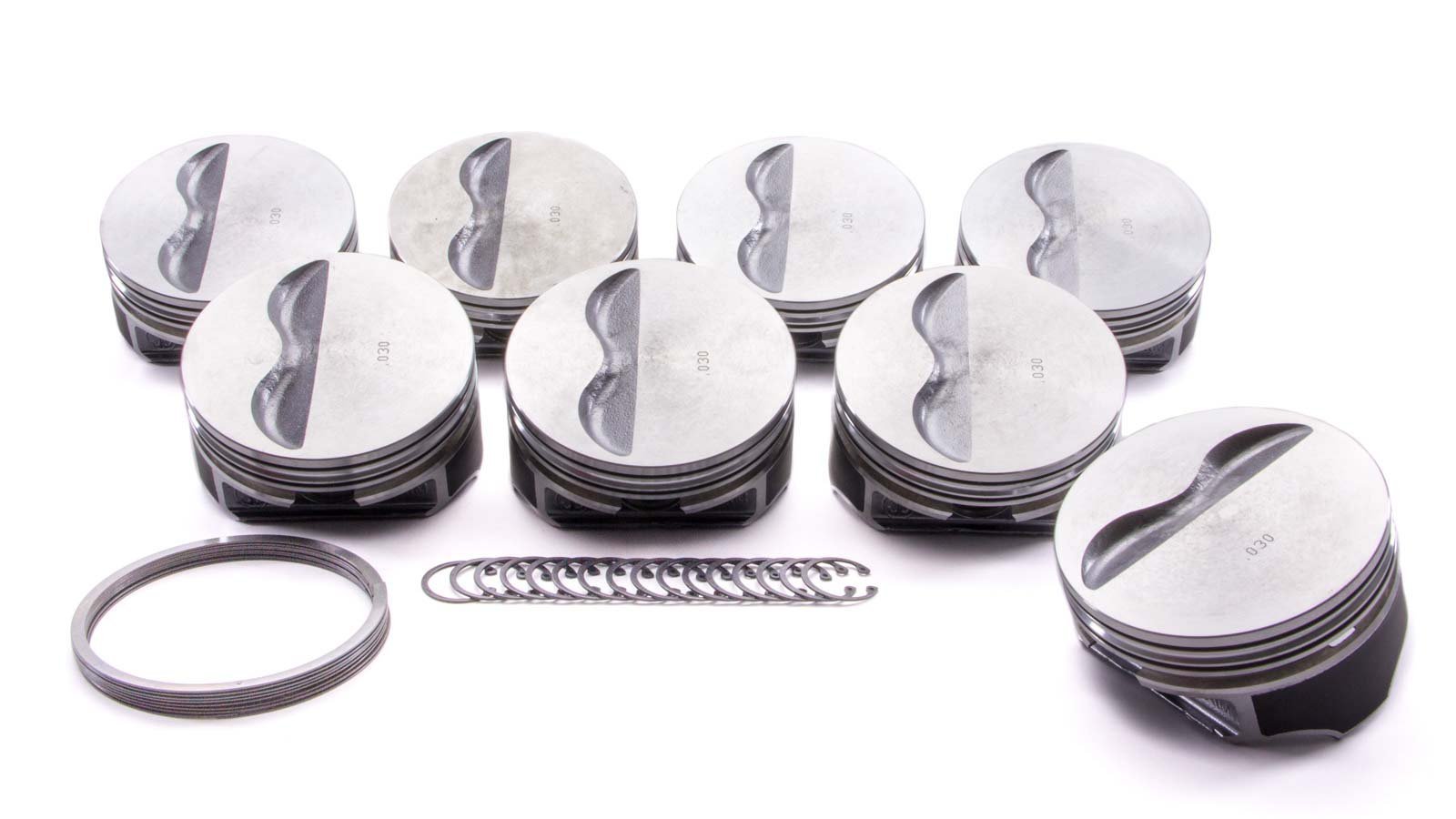 9908HC.030 Piston, Claimer Series, Hypereutectic, Flat Top, Compatible with Small Block Chevy, Set of 8
