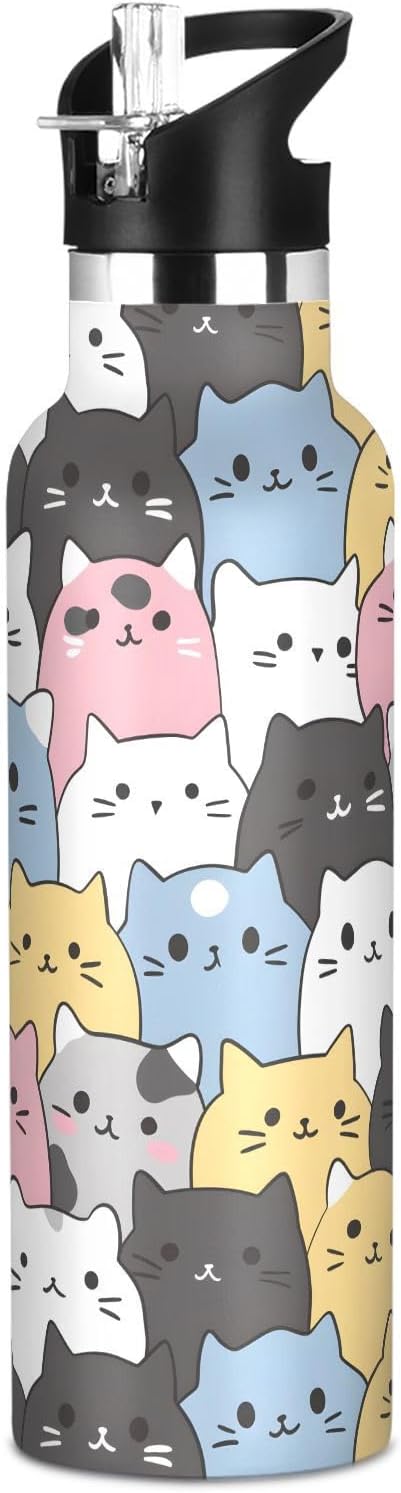 Cats Cute Animal Water Bottles for Boys Kids Stainless Steel Thermos Bottle Cups with Straw Lid Leakproof Insulated Flask Jug 20 oz