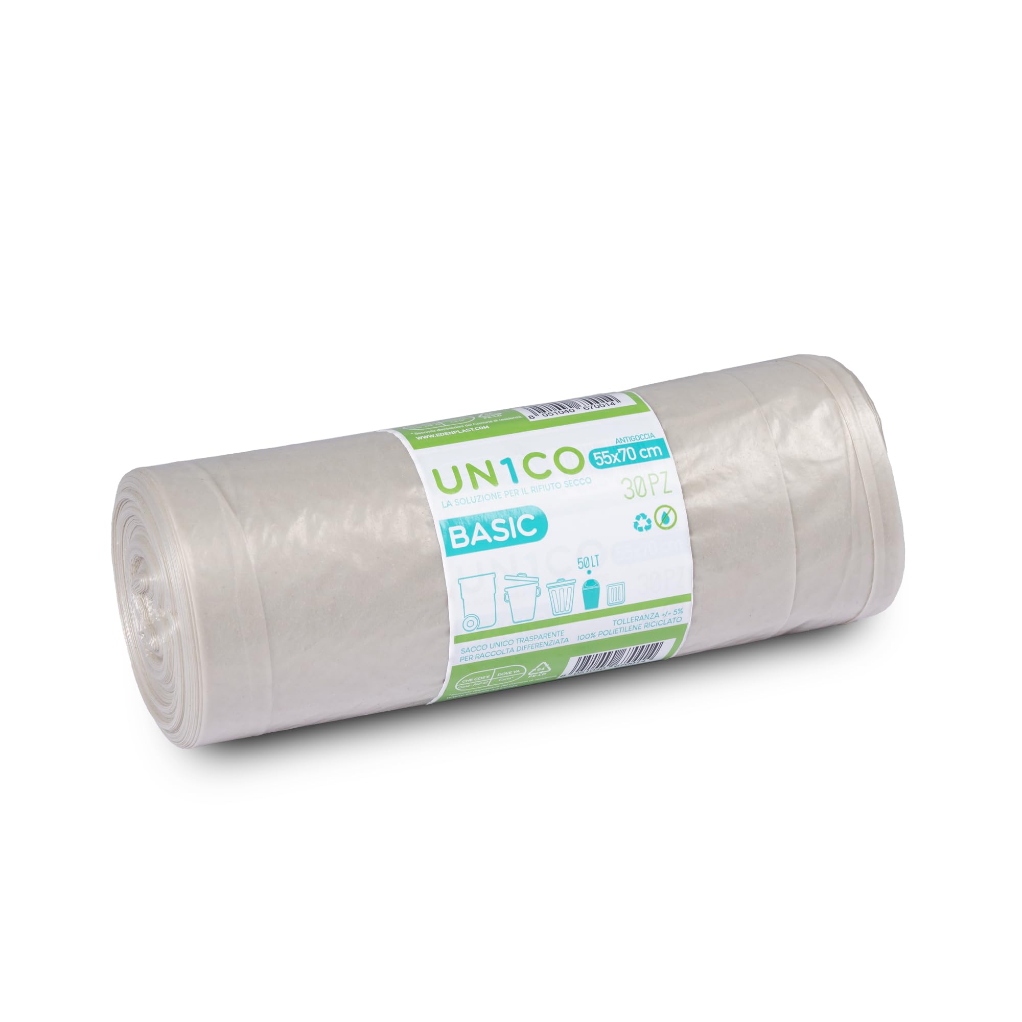 UN1CO BASIC Sacchi Spazzatura Trasparenti 50L - 55x70 cm - Sacchi Raccolta Differenziata Rifiuto Secco - Antigoccia - 100% Polietilene Riciclato - 16 Rotoli da 30 sacchi