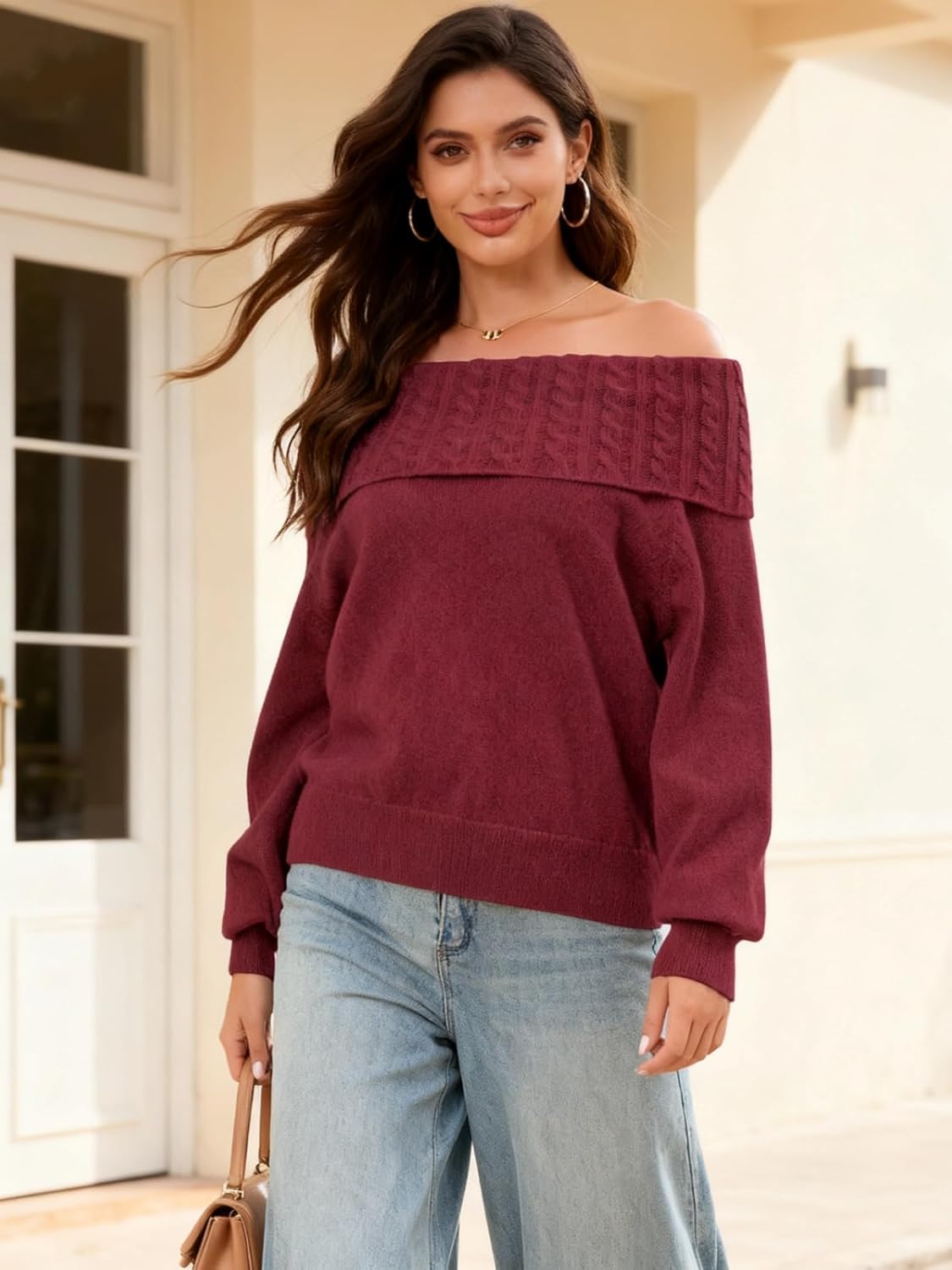 Womens Off The Shoulder Sweater Batwing Sleeve Loose Knit Pullover Sweaters Jumper Tops Fall Winter Clothes - Image 6
