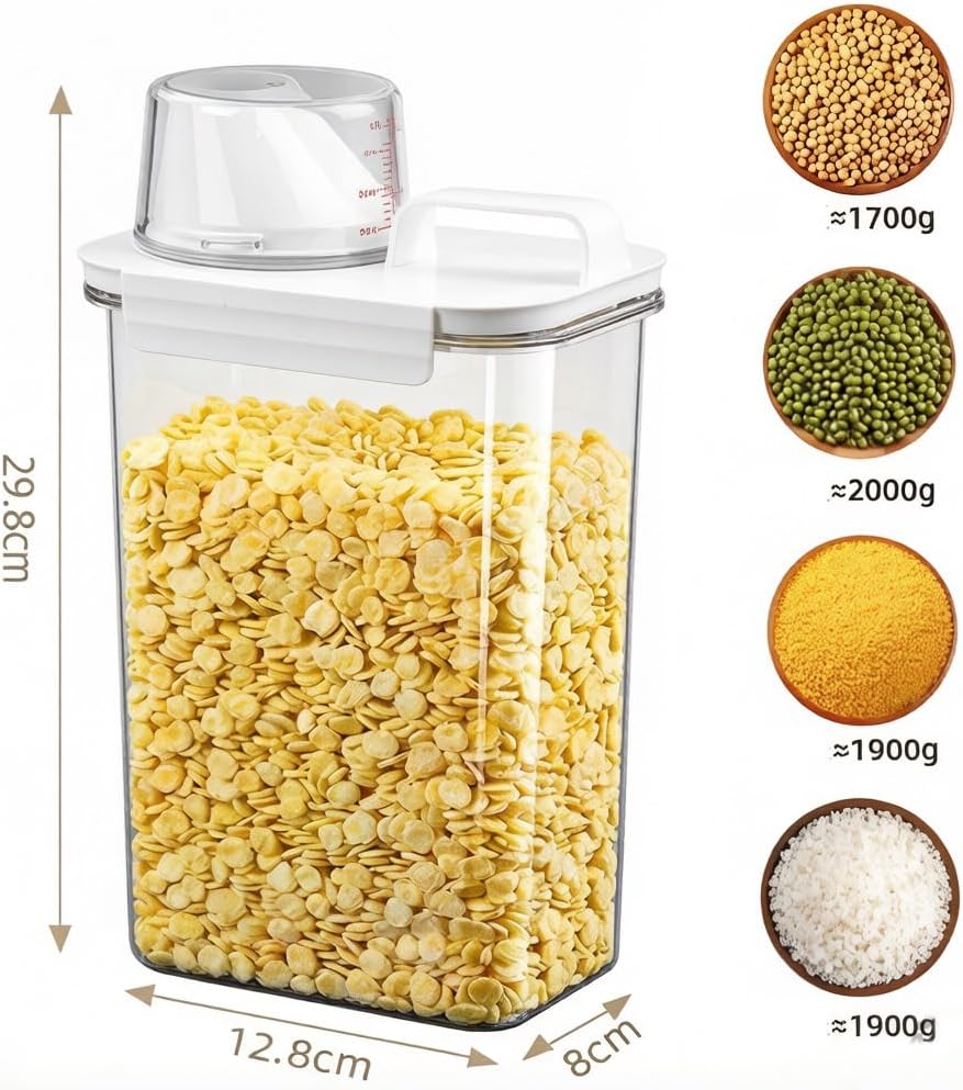1PCS Cereal Storage Container 2300ML Airtight Food Storage Organizer with Measuring Cup & Pour Spout Clear Plastic Kitchen Organization Bin Dry Food Storage for Rice Flour Sugar Oatmeal Pet Food 03