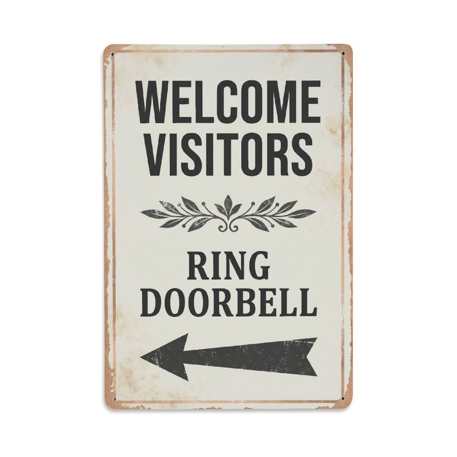 Metal Tin Sign Vintage Welcome Visitors Ring Doorbell Arrow Leaf