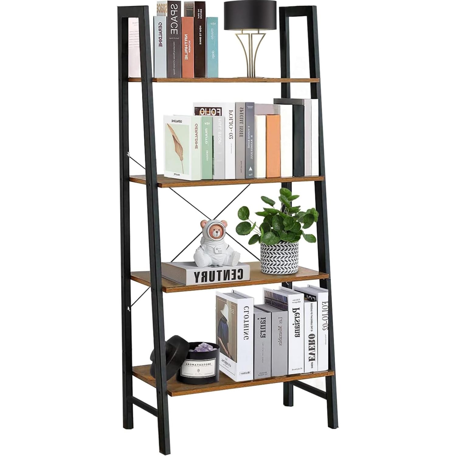 Solerconm Bookcases, 4-Tier Bookshelf, Retro Display Shelf with Metal Frame,Standing Storage Shelf for Home, Office, Living Room, Bedroom,Kitchen