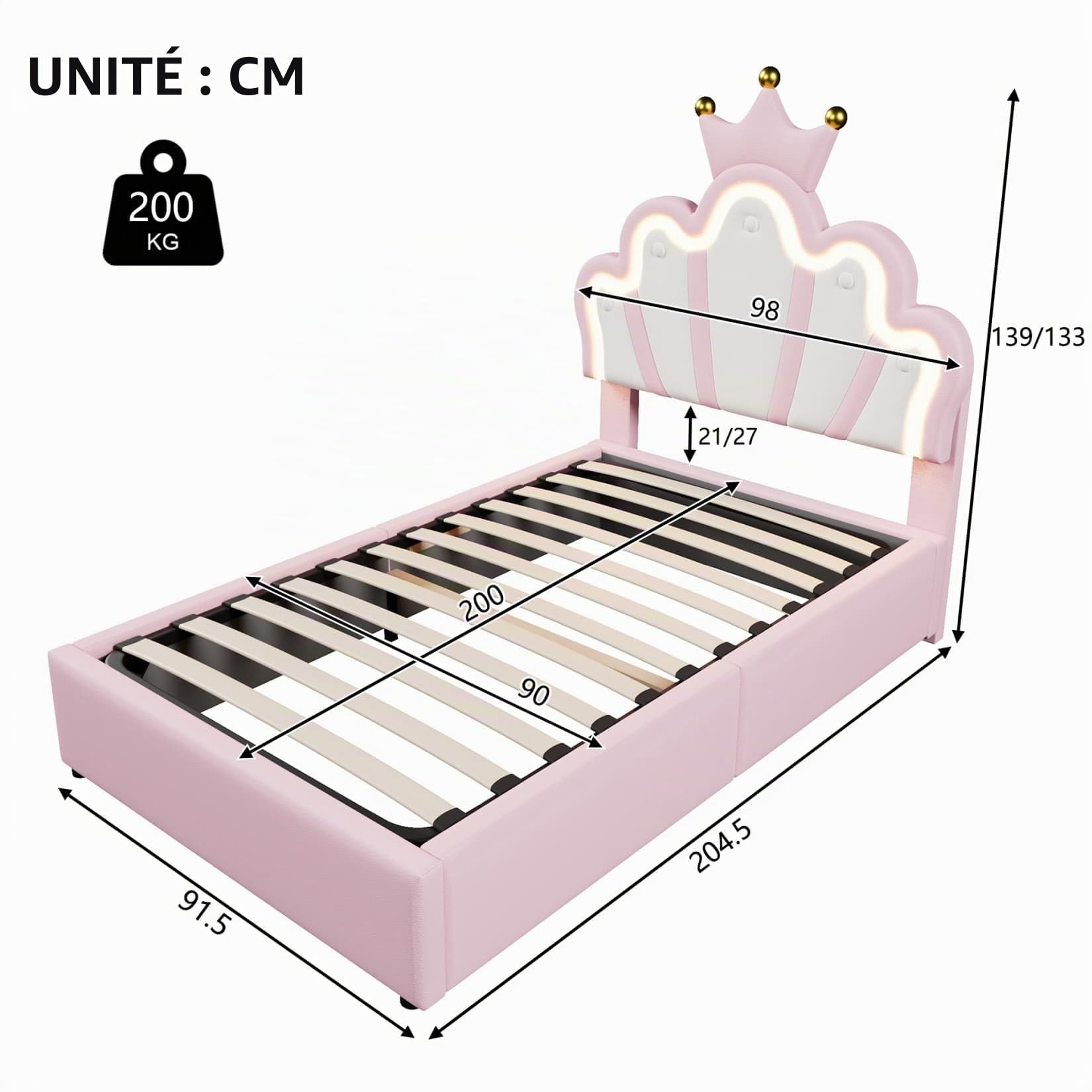 EURHCIO Lit Enfant Fille 90x200cm,Lit Coffre Une Place avec Éclairage LED Réglable,Tête en Forme de Couronne Réglable,Stockage Hydraulique pour Enfants Adolescents(C-Rose,90x200)