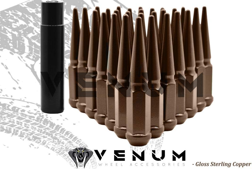 Venum wheel accessories 32 Pc Powder Coated Gloss Sterling Copper Spike Lug Nuts | M14x1.5 | 4.5 inch Tall | 1 Piece Construction | for 1999-2020 Silverado Sierra 2500 HD 3500HD 8x6.5 8x180MM 8x210MM