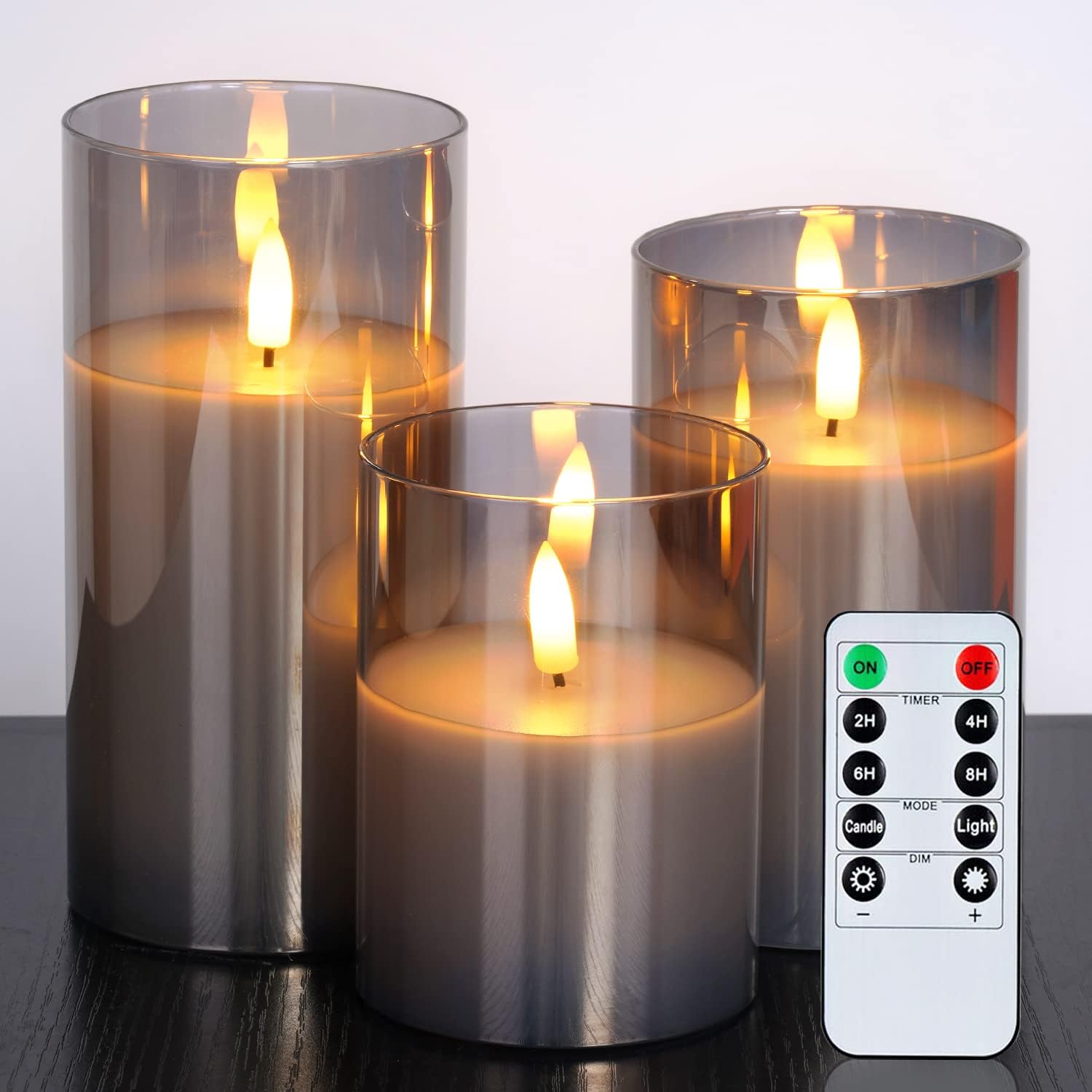 Amagic Grey Glass Flameless Candles Battery Operated with Timer, Remote Control, LED Pillar Candles Battery Powered, Wax, D3"H4"5"6", Set of 3