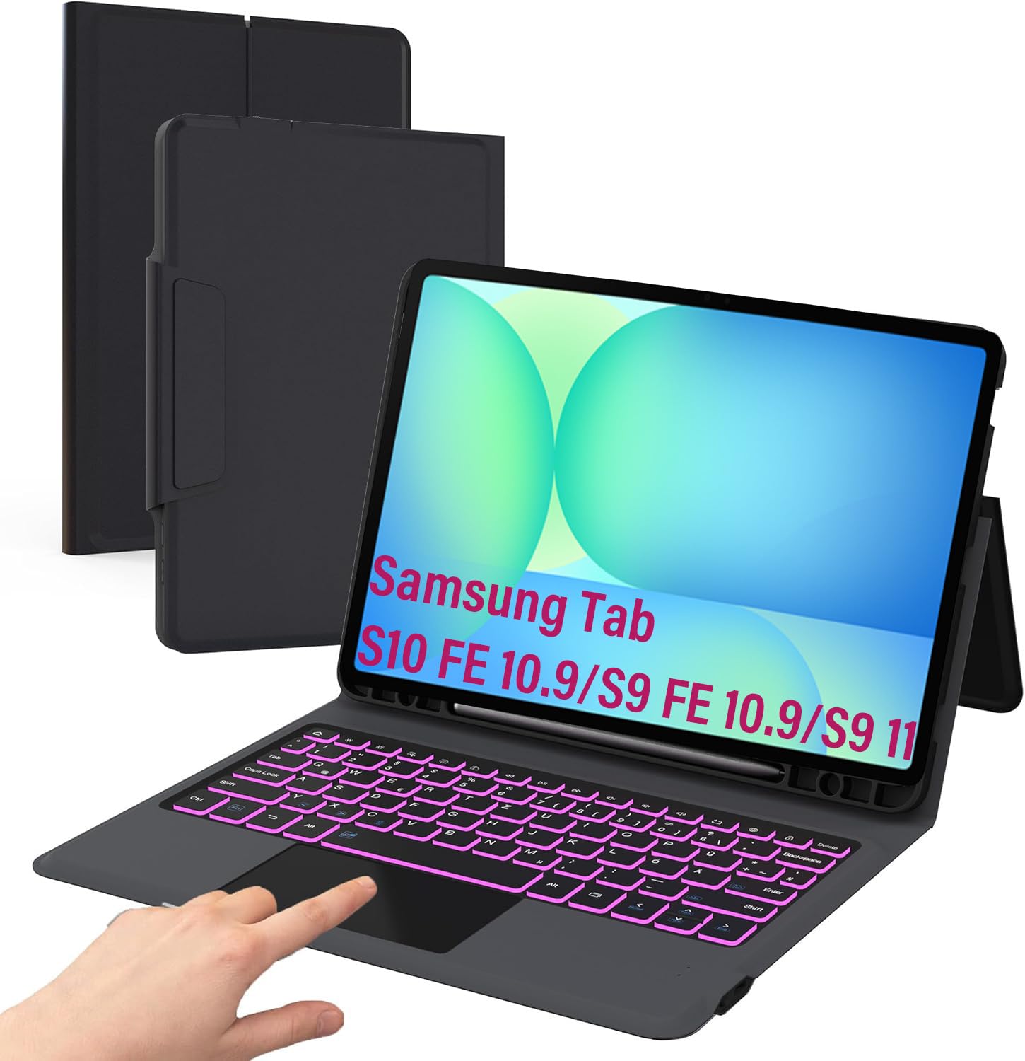 Clavier Rétroéclairé 7 Couleurs Pour Galaxy Tab S9 FE S10 FE 10.9" & S9 11" - Étui Avec Trackpad & Support Magnétique QWERTZ Allemand