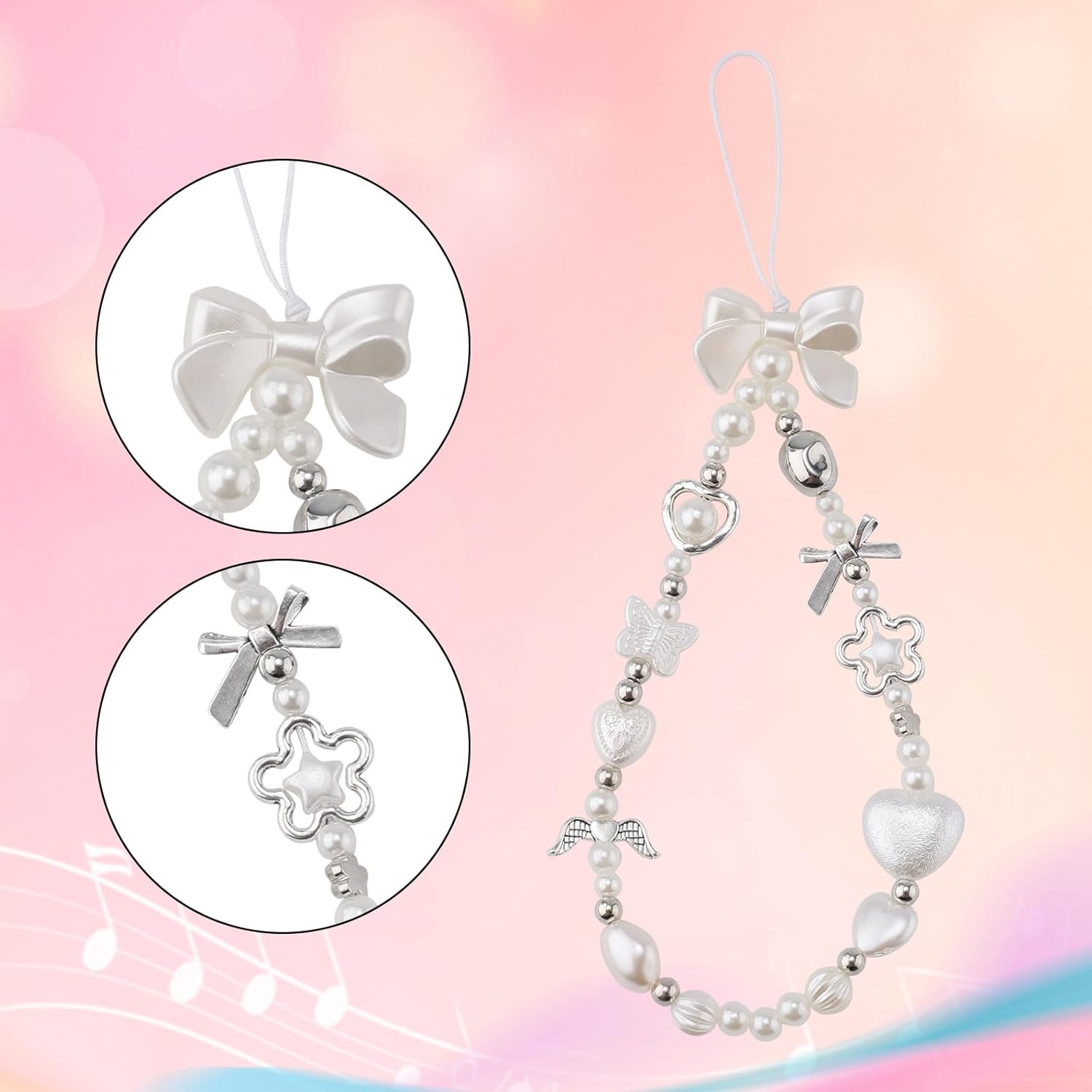 Y2K Bracelet with Keychain Charm Pearl Phone Hanging Rope Chain Beaded Phone Keychain