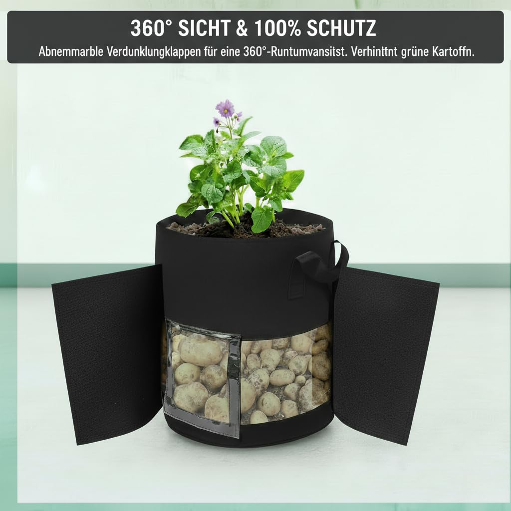Premium Kartoffel Pflanzsack für effizienten Anbau | 7/10 Gal Vliesstoff-Pflanzbeutel mit Sichtfenster & Tragegriffen | Robuster Stofftopf für Garten & Balkon, Mehrfach verwendbar (4pcs,7 Gallonen)