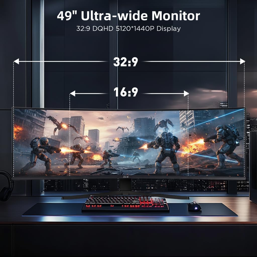 49 Inch Ultrawide Curved Gaming Monitor, Dual QHD 5120×1440 32:9, 165Hz 1ms, HDR, G-Sync & FreeSync Compatible, 1500R VA Display, Low Blue Light, HDMI & DP, Height Adjustable, VESA Mountable