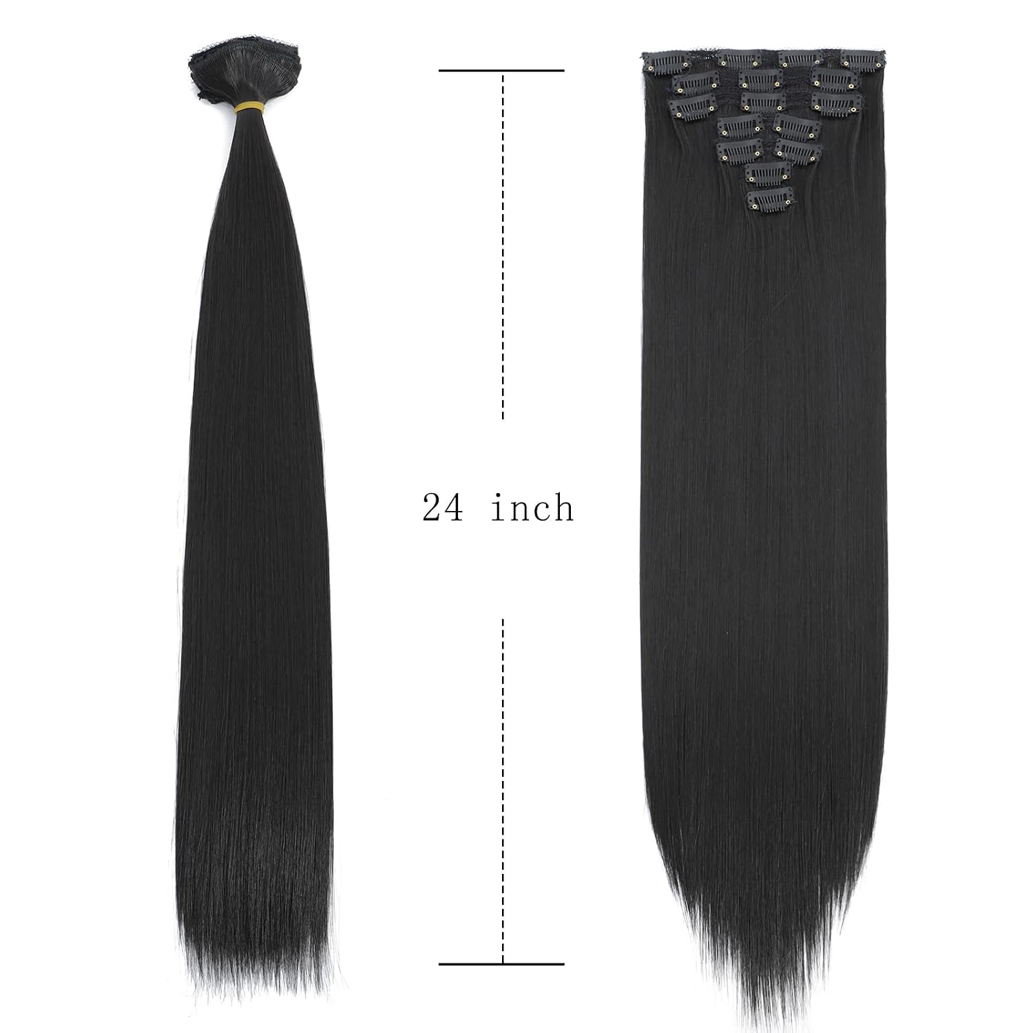 Clip in Hair Extensions 24 Inches Straight Hairpieces 7Pieces/Set Heat Resistant Synthetic Fiber Full Head Clip in Hair Extension for Black Women Double Weft DIY Hair Extensions(1B# Black