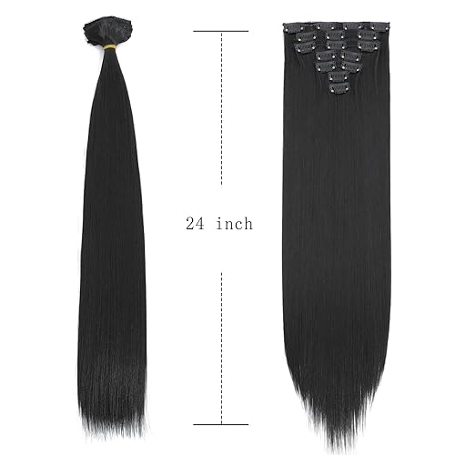 Miniatura 4 de Extensiones de cabello lacio con clip, de 24 pulgadas, 7 piezas, resistentes al calor, de fibra sintética de cabeza completa, con clip, para mujeres