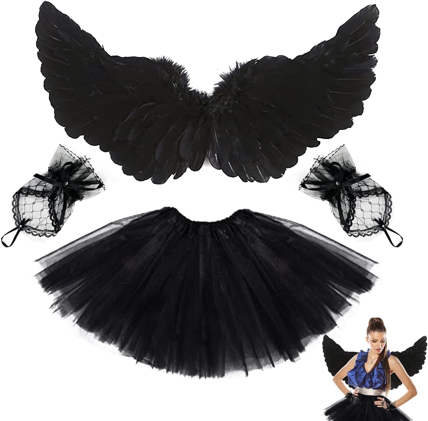 BARVERE Disfraz de diablo para mujer y niña, disfraz de ángel y diablo con alas de ángel de 80 x 45 cm, falda y guantes bordados a mano, para mujer y niña, disfraz de carnaval, cosplay, fiesta de