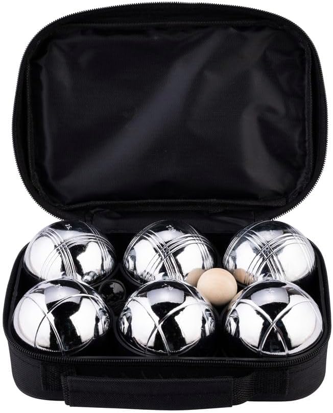 Relaxdays boules set, 6 metal balls, with wooden but and tape measure, petanque accessories, steel, black/silver