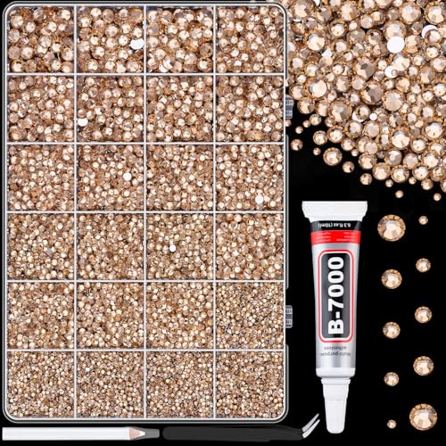 25000Pcs Resin Rhinestones for Crafting, Champagne 2-6mm Mixed Sizes Non Hotfix Flatback Gems with 1Pcs Glue, Bedazzling Crystal for DIY Craft Clothing Mugs Tumblers Shoes Fabric Decor Nail Art