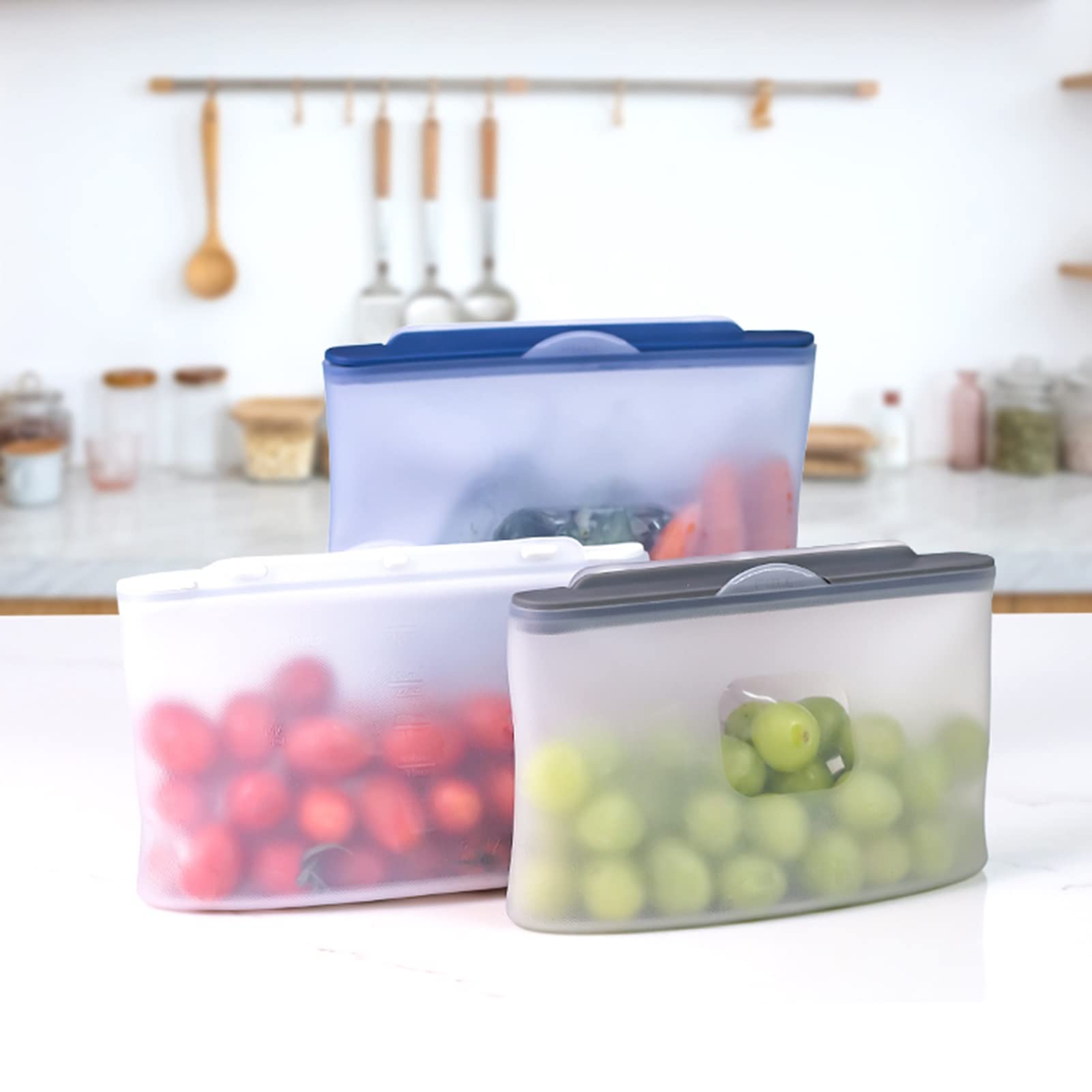 Bolsas de Almacenamiento de Alimentos de Silicona de pie, Bolsas de congelador Reutilizables, Bolsas de sándwich, Temperatura aplicable de -20 ° C ~ 220 ° C, 3 Piezas