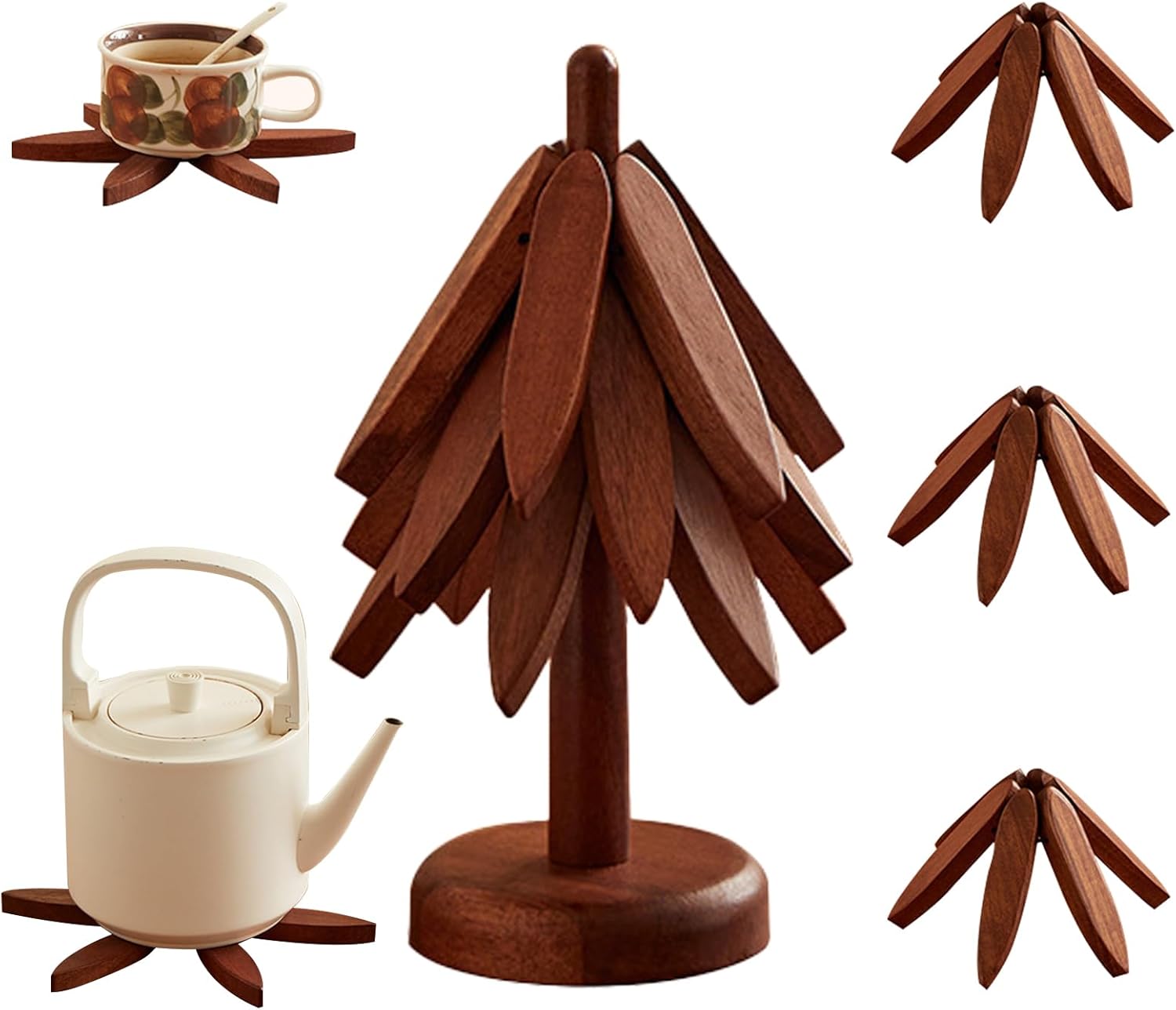 Wooden Trivets for Hot Dishes, Wooden Tree Coasters Tree Shape Trivet Set for Hot Pots and Pans, Foldable Kitchen Walnut Table Mat for Easy Storage, Coaster with 5 Wooden Trivets,1 Stand