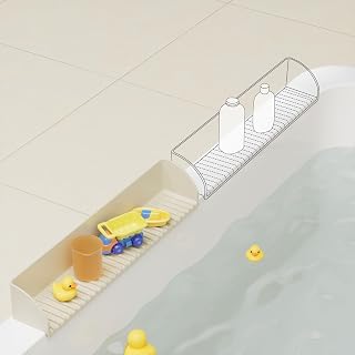 Roslim 2Pack Silicone Tub Water Splash Guard with 4 Suction Cups, Bath Toy Holder, Tub Play Shelf for Kids, Bathtub Side Splash Guard Tray, Toddler Bathroom Essentials, Beige