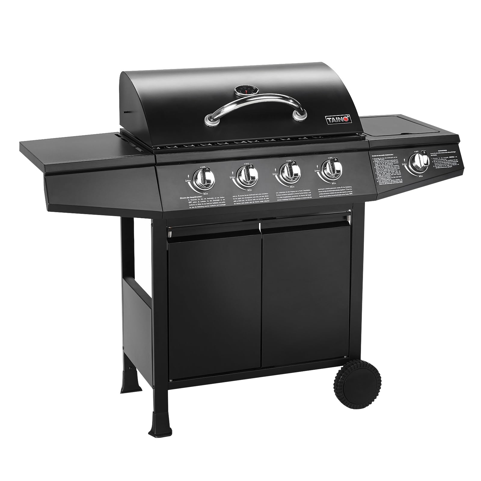 TAINO BASIC 4+1 BBQ Gasgrill Grillwagen Edelstahl-Brenner + Seitenkocher Grill TÜV (BASIC 4+1 Gasgrill)