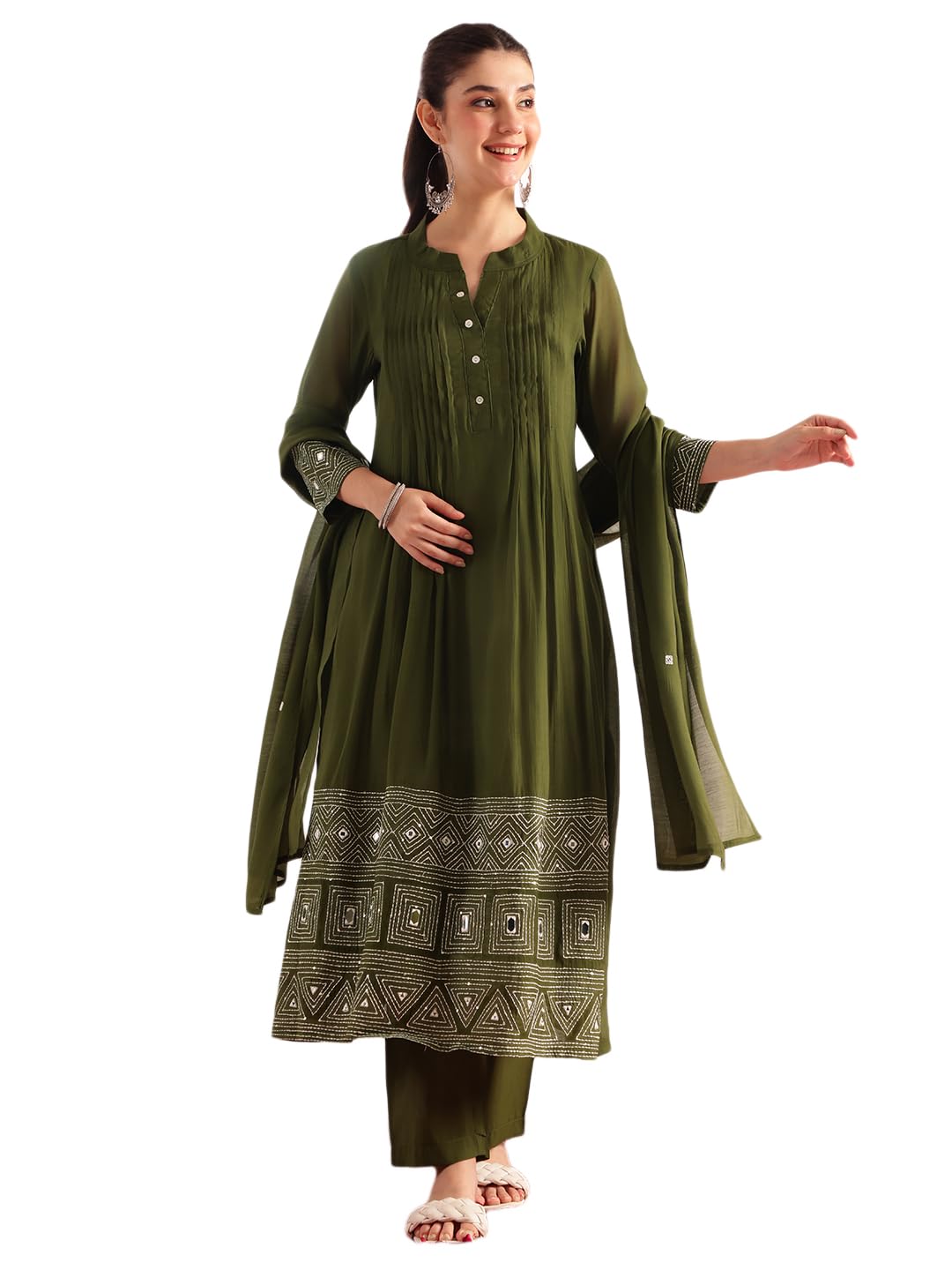 vbuyz Women's Mul Chanderi Solid Embroidered Regular Fit & Flare Kurta & Pant with Dupatta-picture-35
