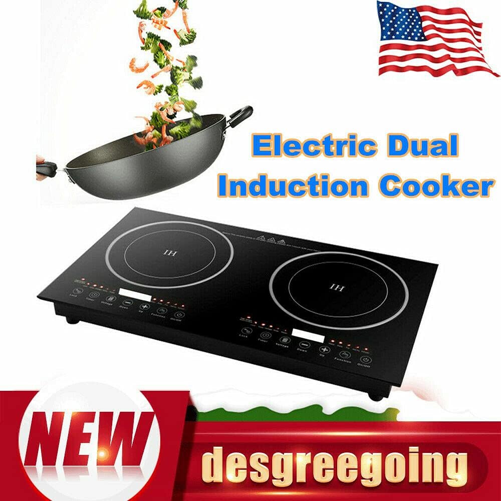 1200W Electric Dual Induction Cooker Cooktop Countertop Burners with Black Crystal Panel, Double Electric Portable Stove Burner Dual Countertop Electric Cooktop For Cooking