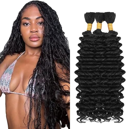 Tuheerst 28 28 28 Inch Deep Wave Bulk hair for Braiding 1B Natural Black Cheveux