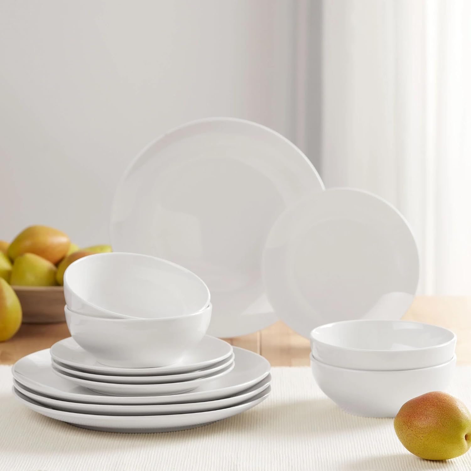 12 Piece White Stoneware Dinnerware Set, Glazed Ceramic Plates and Bowls for 4, Service for 4 Includes Dinner Plates, Salad Plates, Bowls, Microwave & Dishwasher Safe