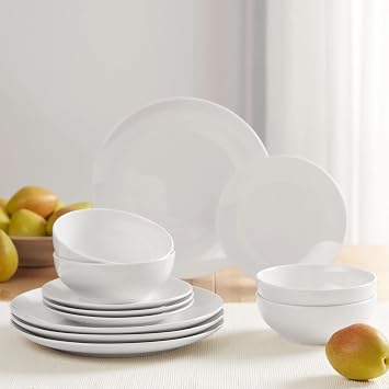 12 Piece White Stoneware Dinnerware Set, Glazed Ceramic Plates and Bowls for 4, Service for 4 Includes Dinner Plates, Salad Plates, Bowls, Microwave & Dishwasher Safe