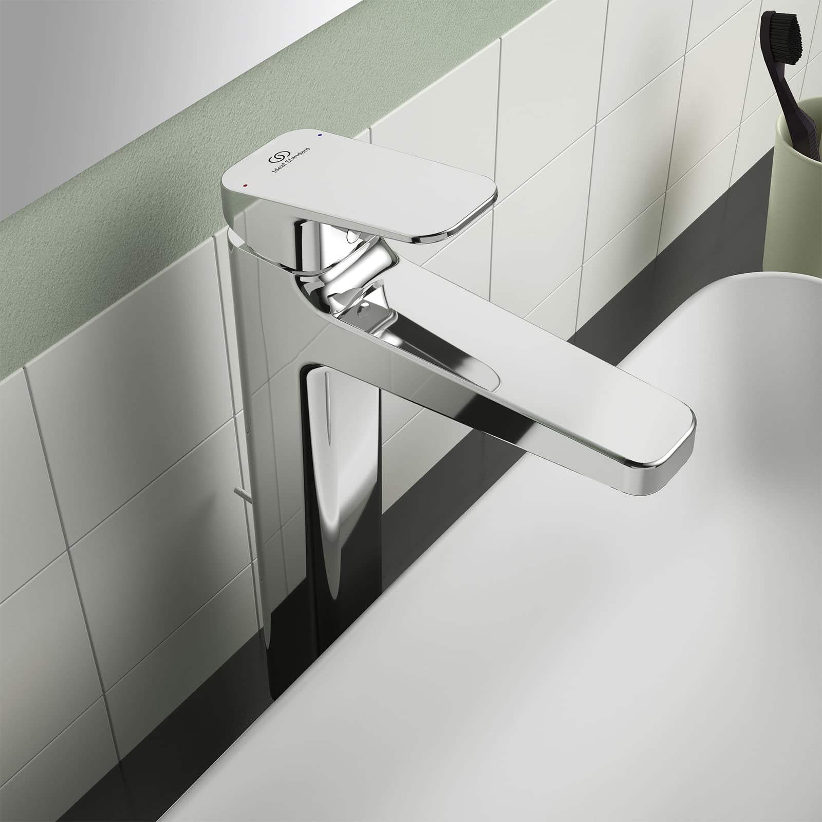 Ideal Standard BD238AA Ceraplan bateria umywalkowa H250, przedłużona podstawa, z zestawem odpływowym z przyciskiem do ciągnięcia, wysięg 13,8 cm, chrom