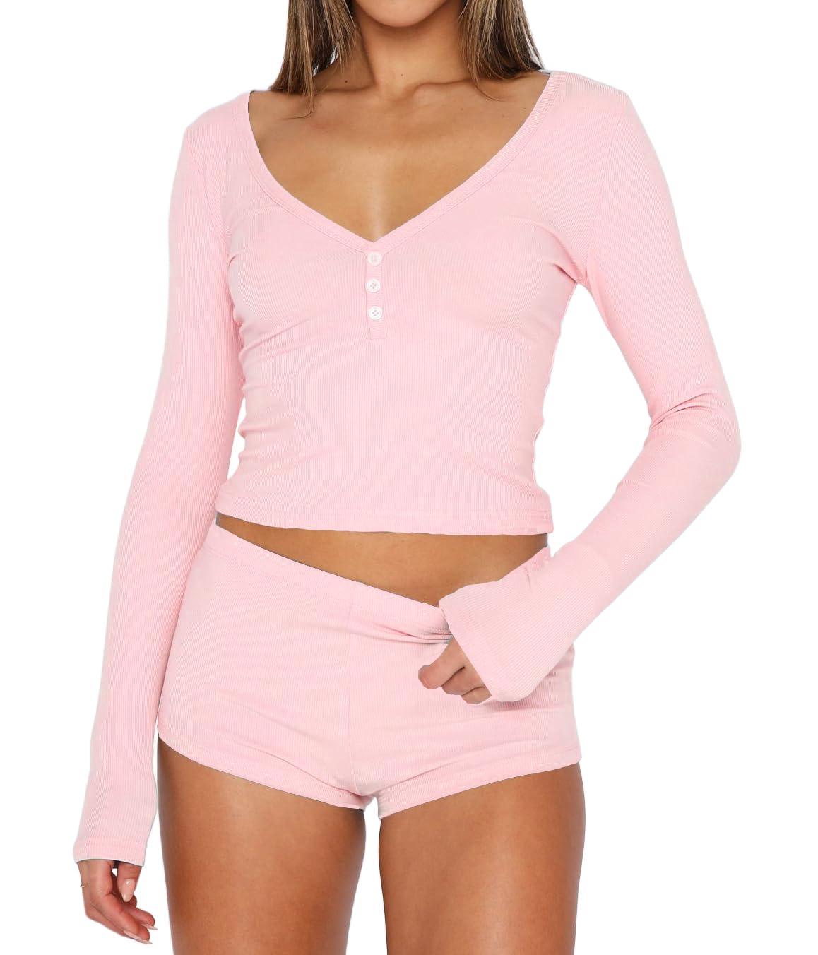 INFITTY Womens Sexy Vneck 2 Piece Sets Casual Long Sleeve Button Short Pajama Outfit 2026 Trendy Crop Top Nightwear