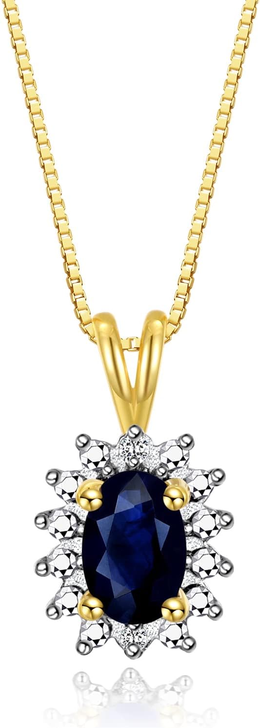 RYLOS Yellow Gold Plated Silver Halo Pendant Necklace: Gemstone & Diamond Accent, 18 Chain - 6X4MM Birthstone Women's Jewelry - Timeless Elegance