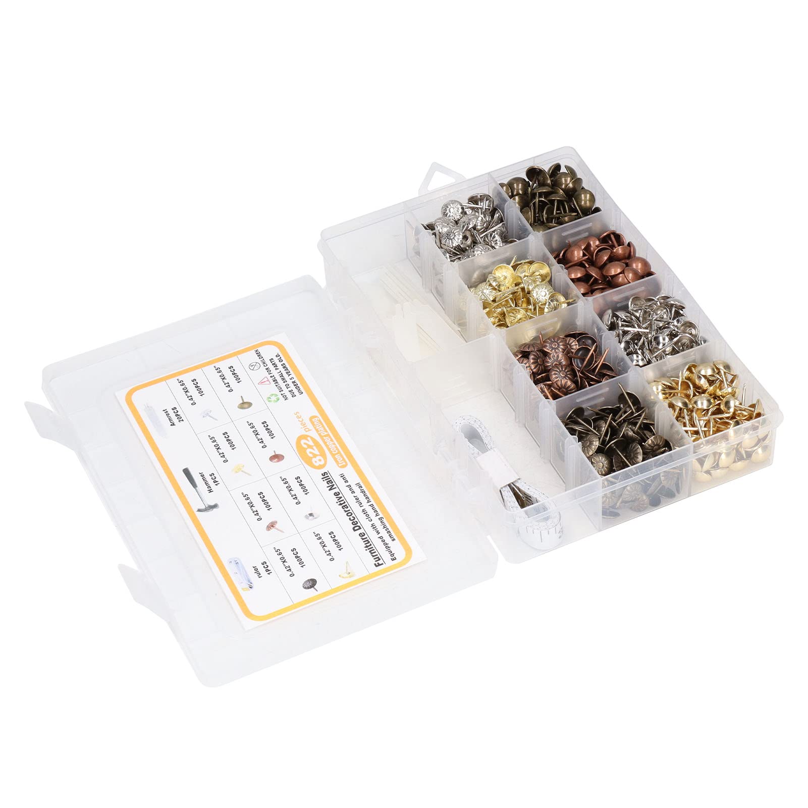 Chiodi decorativi per mobili in acciaio al carbonio a 8 colori, 822 pezzi, con staffa per martello e righello in tessuto