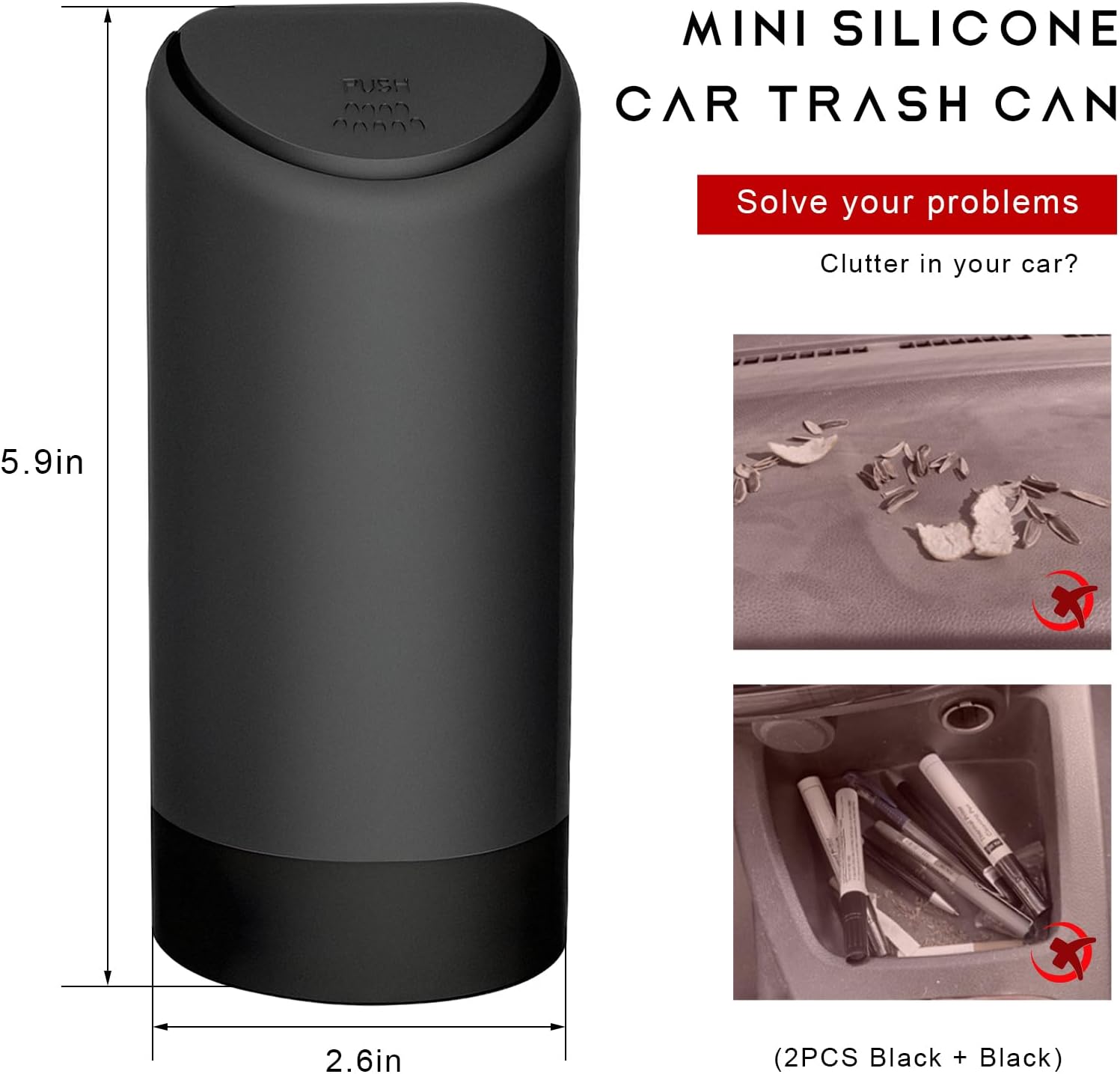 2PCS Mini Car Trash Can with Lid, Portable Silicone Auto Garbage Container for Cup Holder, Multipurpose Trash Bin for Car Home Office, Waterproof Leakproof Small Vehicle Trash Can (Black)