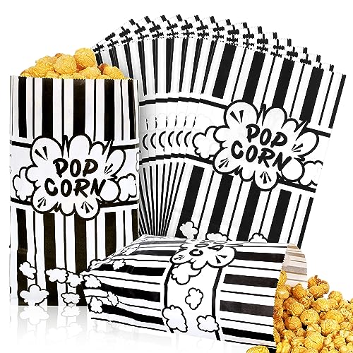 Image of Whaline 200Pcs Movie Night Paper Popcorn Bags 2Oz Black and White Stripe Flat Bottom Popcorn Container Grease Resistant Large Sleeve Popcorns Bucket Disposable for Retro Movie Themed Party Carnival