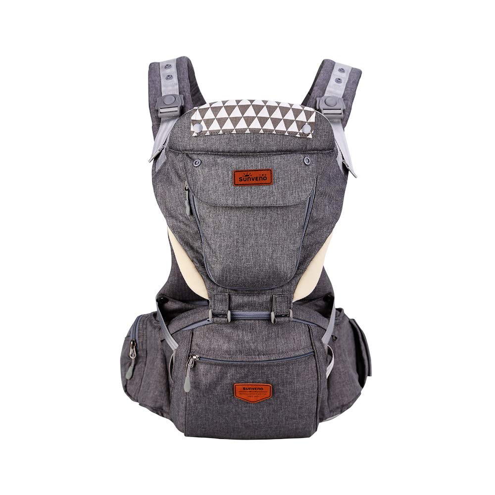 SUNVENO Kangaroo Baby Carrier Ergonomic Wrap Front Back Hipseat for All Season Openable Mesh Window 3-20 Kg Babies, 3-36 Months, Grey