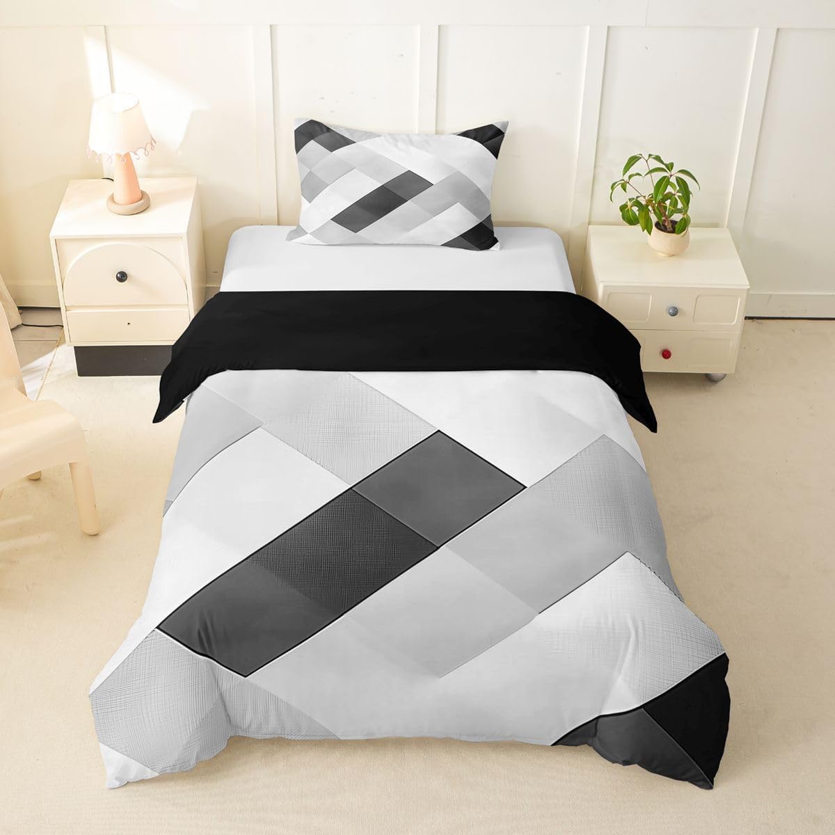 jejeloiu Pink Black Duvet Cover Toddler Size Modern Abstract Stripe Bedding Set for Boys Girls Geometric Stripe Comforter Cover Bedroom Decor 2Pcs