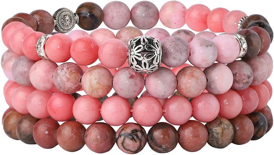 Fengling 4 PCS Beaded Crystal Bracelet for Women 8mm Natural Gemstones Handmade Bracelet for Girls Healing Stretch Bracelets Crystal Jewelry for Women Gifts