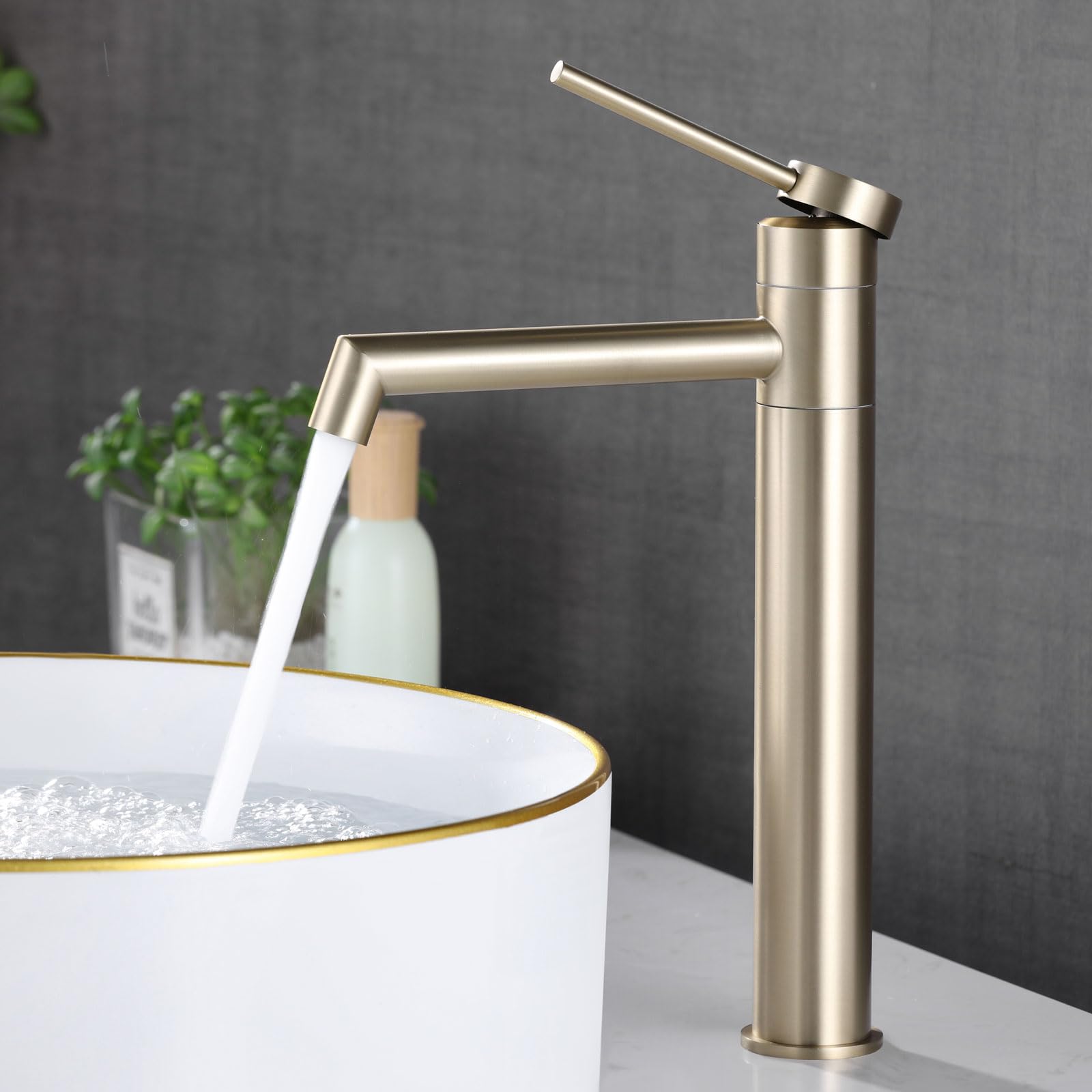 Waschtischarmatur Hoch, Wasserhahn Bad Hoch mit 360°Drehbar Auslauf, Waschtisch Armatur Bad, Einhebel Mischbatterie für Aufsatzwaschbecken, Gold Gebürstet, 7M4OK-T