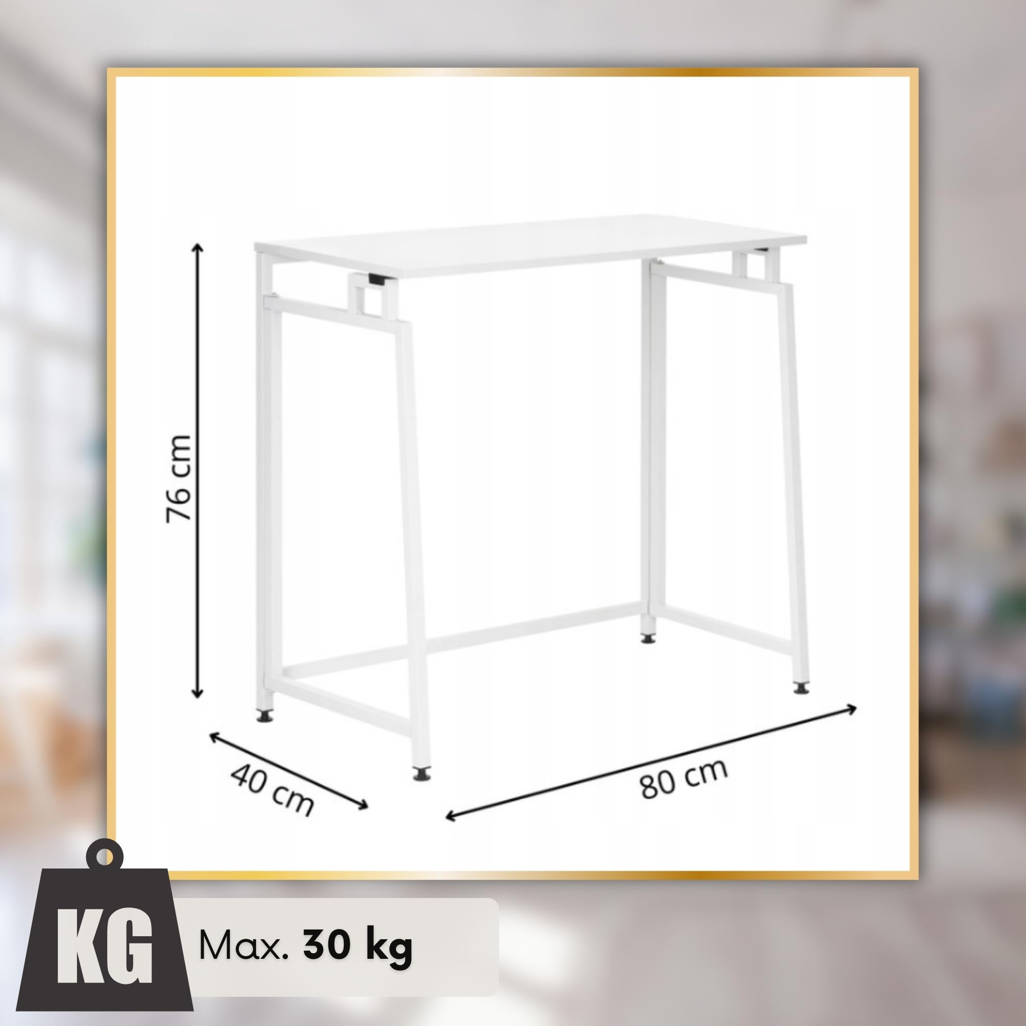 SPRINGOS Scrivania bianca con telaio in metallo e piano in legno, 80 x 40 cm, pieghevole, portata massima 30 kg, piedini regolabili in altezza, facile da montare, moderno tavolo da lavoro