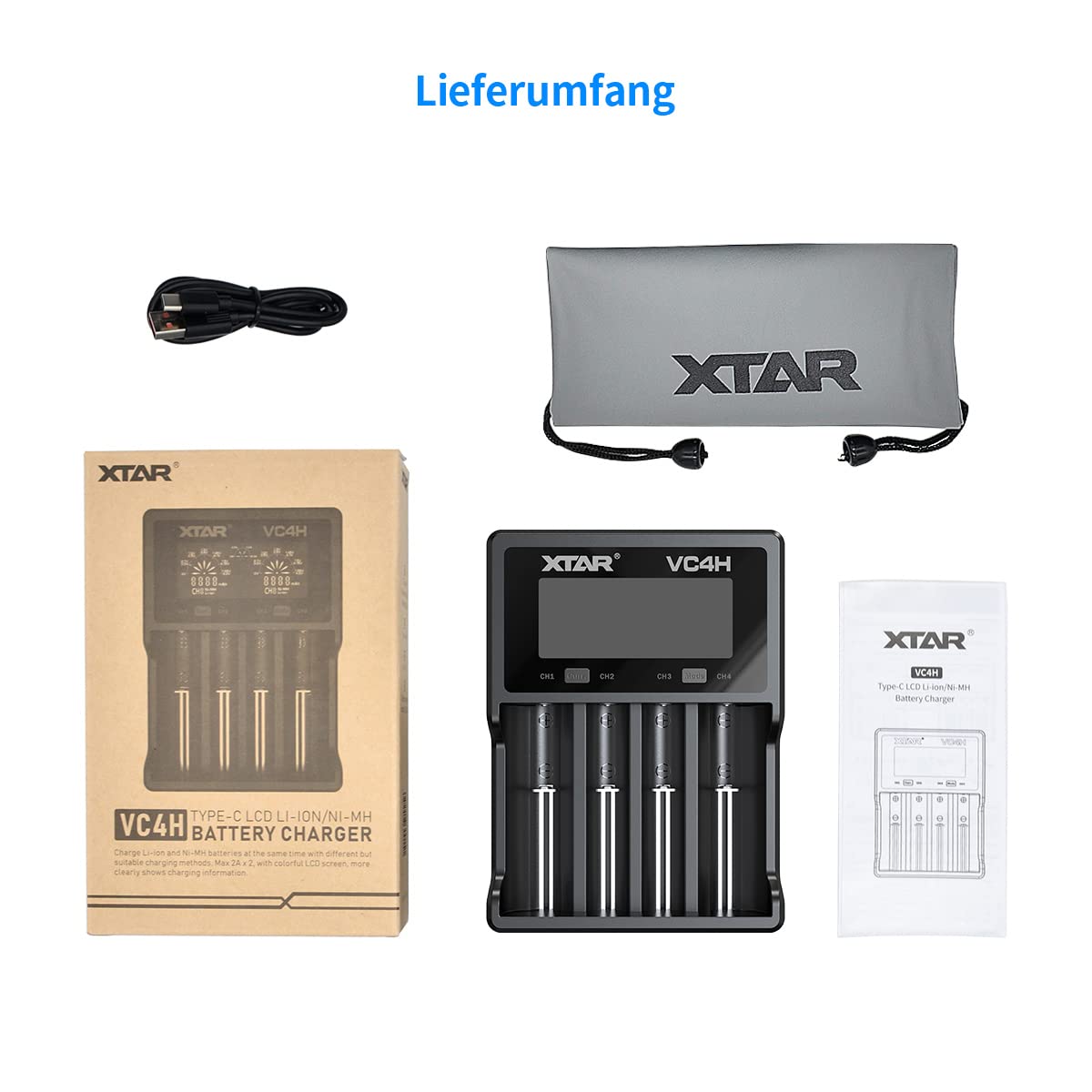 XTAR 2022 New VC4H 18650 Ladegerät 4 XTAR 4-Slot 18650 Batterieladegerät LCD-Display Universelles Ladegerät mit Typ C für Li-Ionen-Batterien 18650 22650 20700 16340 14500, AA AAA-Akkus