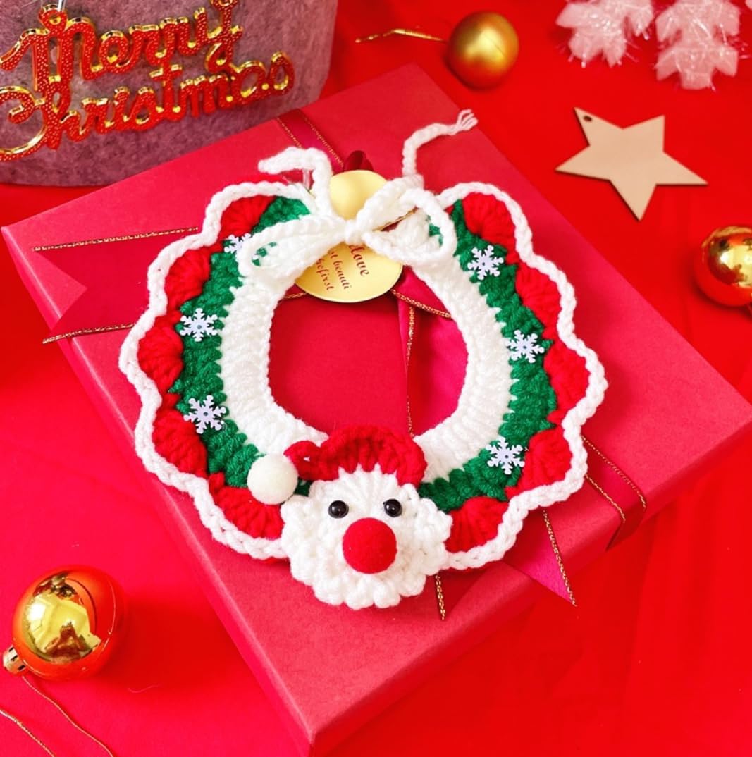 Abbie Home Handmade Cat Collar for New Year, Knitted Scarf for Kittens and Small Dogs Hand-Woven Collar for Winter Halloween Christmas New Year (Santa, Medium)