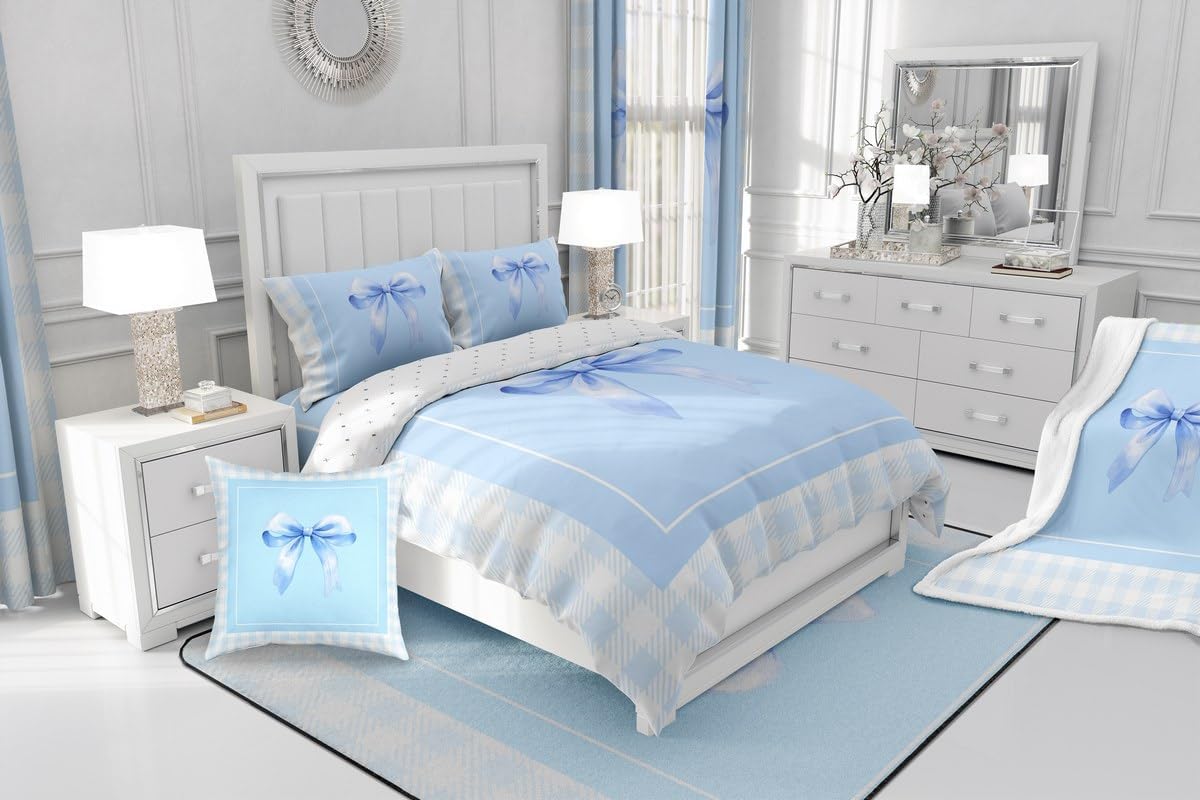jejeloiu Bowknot Bedspread Kawaii Simple Bows Bedspread for Kids Boys Girls Cartoon Dreamy Coverlet Set Baby Blue Ribbon Quilted Bedroom Collection 3Pcs King Size