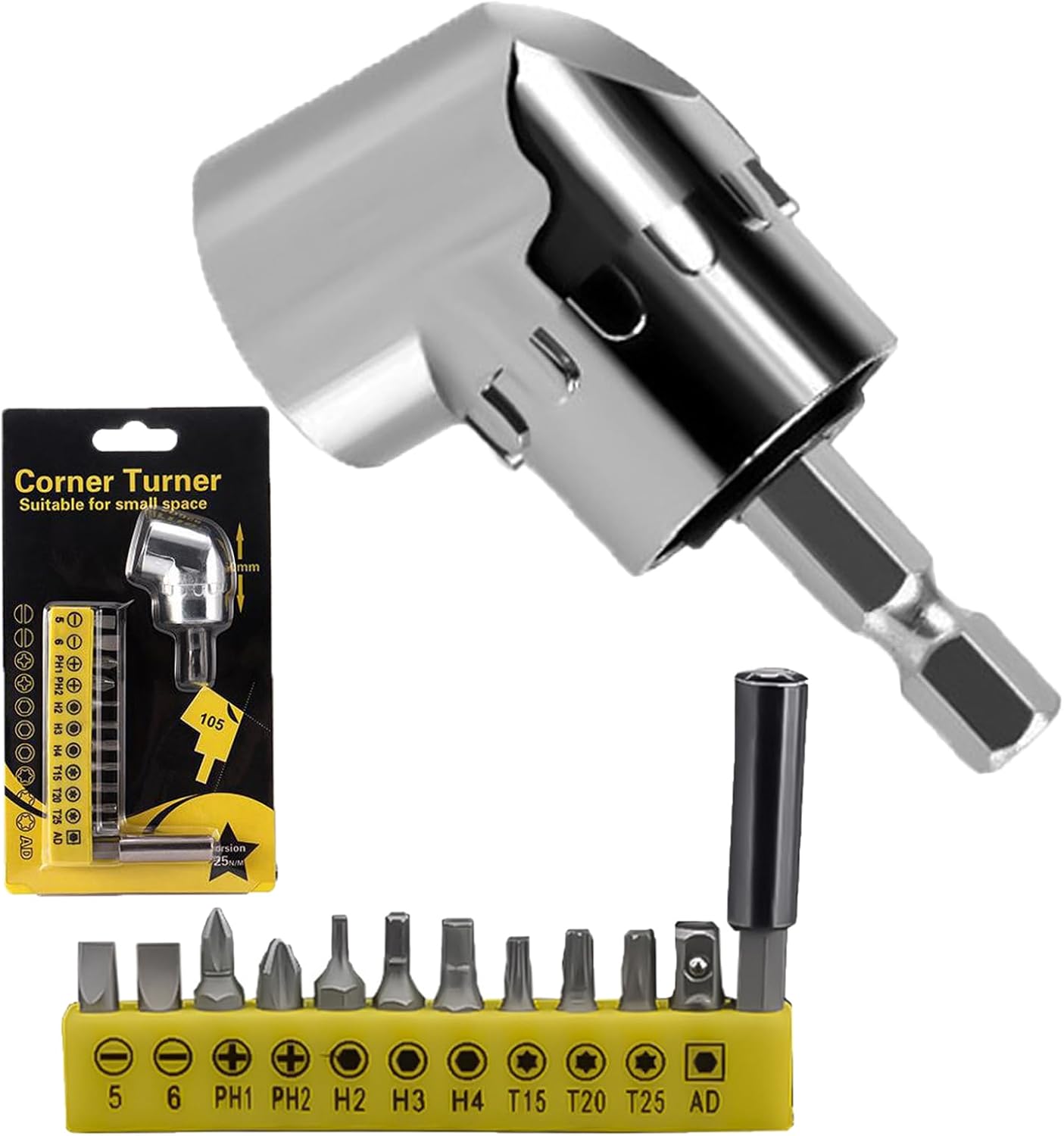 105 Degree Right Angle Drill Adapter Kit, Upgraded Corner Tool Screw Hub Including 12Pc Multifunctional Screw Bits Suitable for Home and Workshop Varity of Tight Space Drilling Screwdriving (Short)