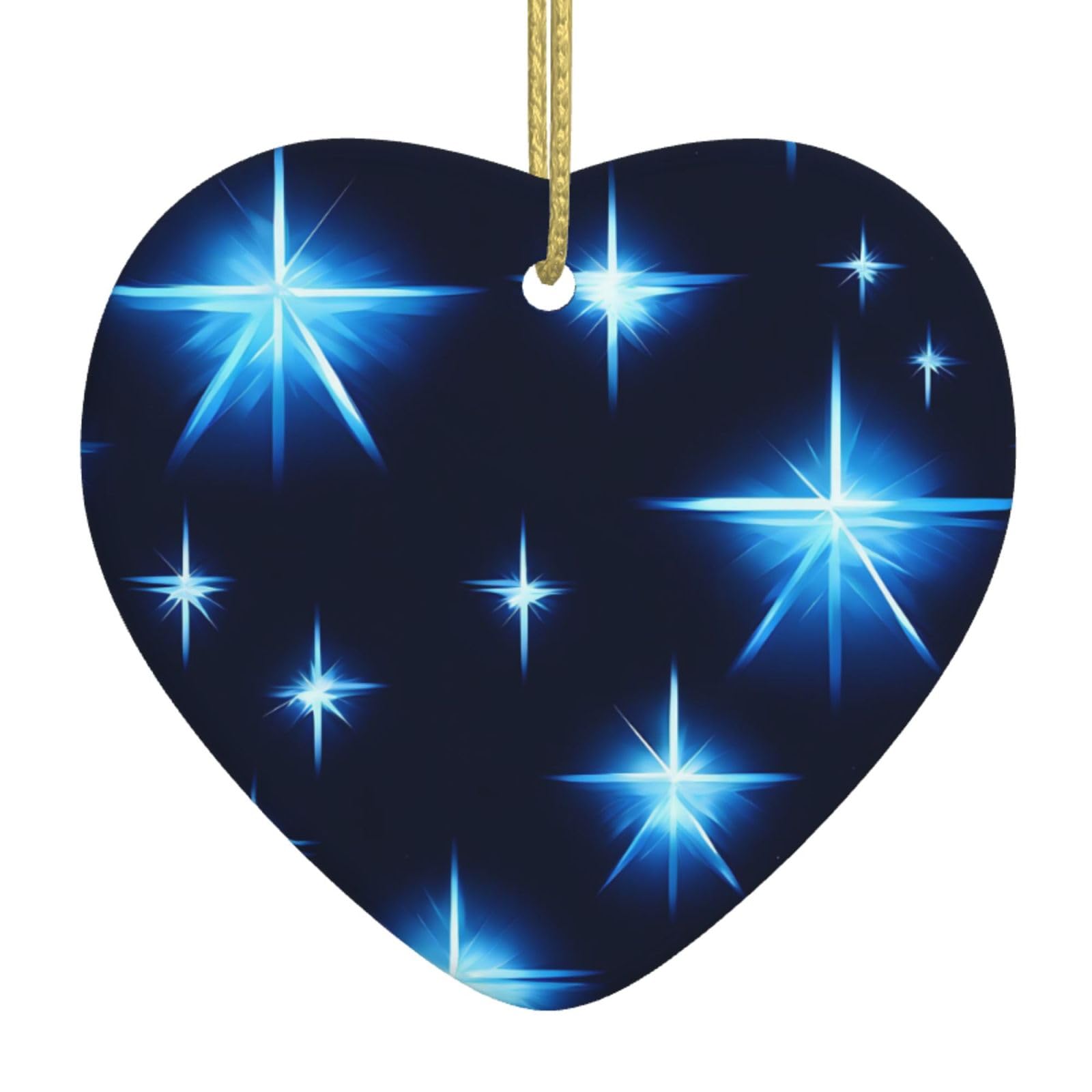 Cartoon Blue Star Ceramic Christmas Heart Pendant with Silk Thread, Christmas Tree Home Decoration