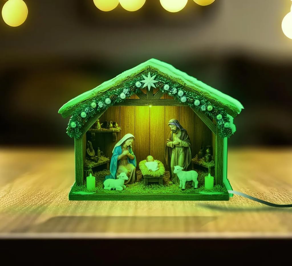 LED Nativity Scene Wooden Light Box, Illuminated Holy Family Christmas Décor, Acrylic Layered Night Light for Holiday Home Displays (Yellow LED)